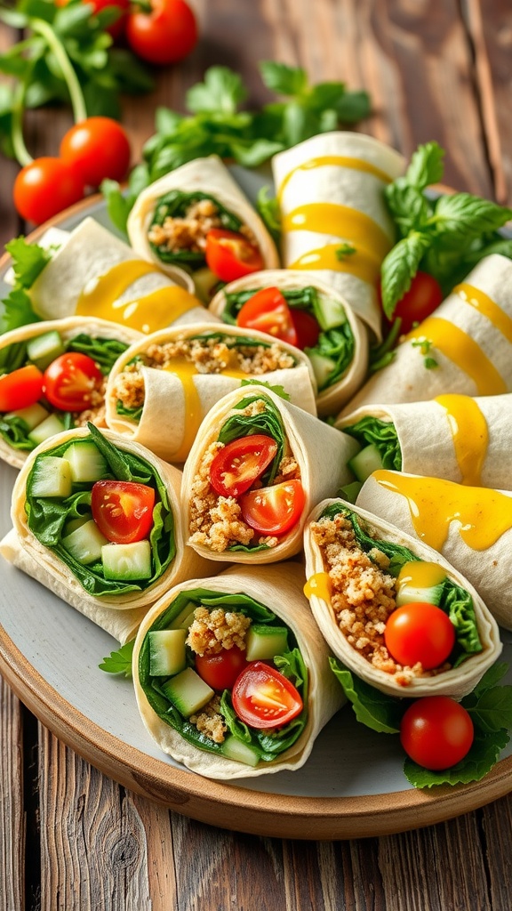 Mediterranean quinoa wraps filled with vegetables and hummus, served on a platter with fresh herbs.